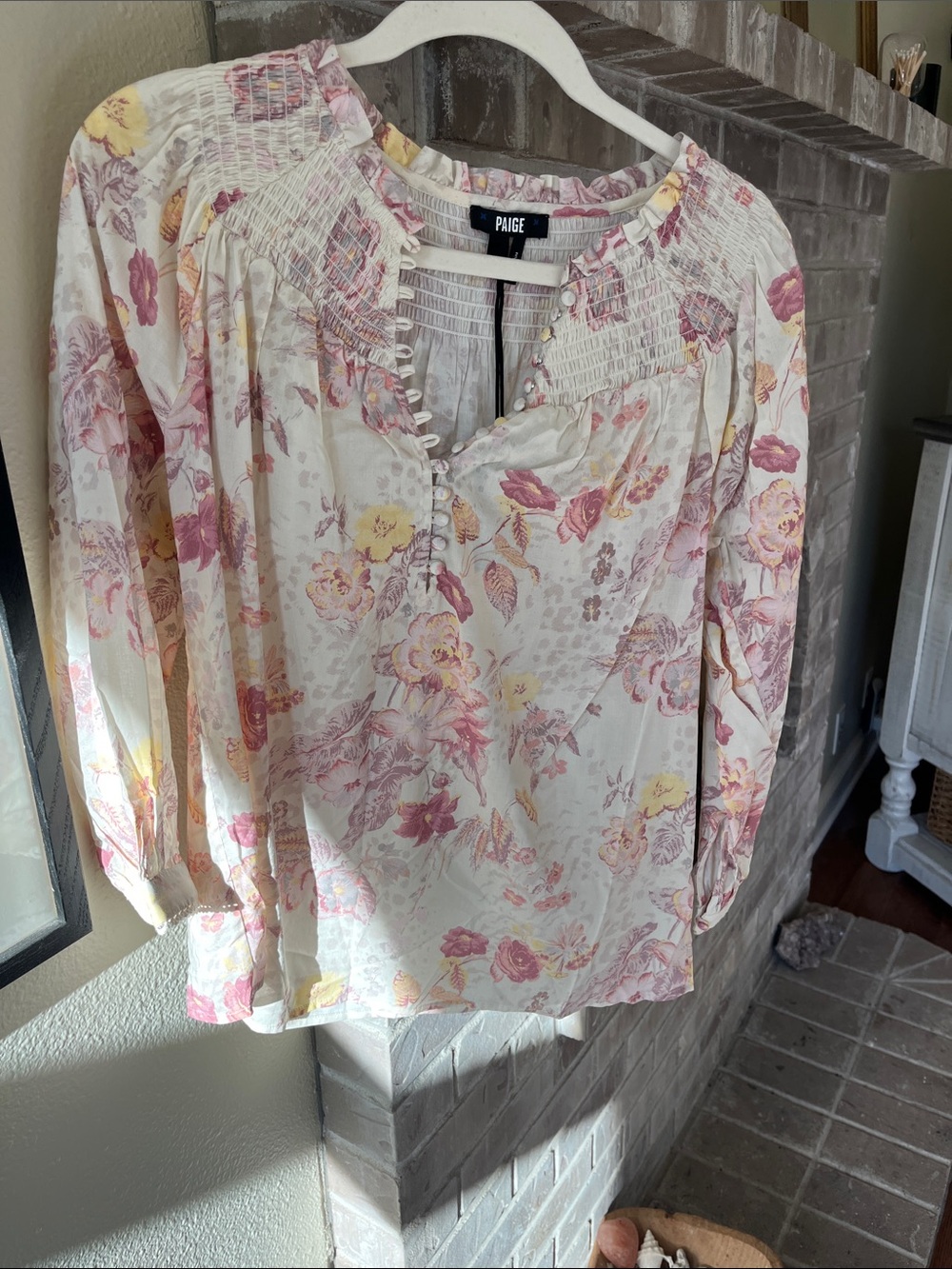 PAIGE Cream Floral Smocked Long-Sleeve Blouse - Pink & Yellow Floral Print